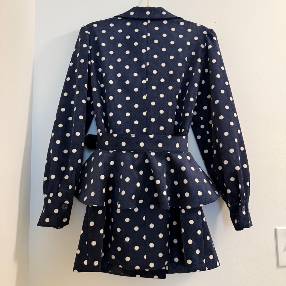 White and Blue Polka Dot Blazer with Puff Sleeves - Picture 6 of 14